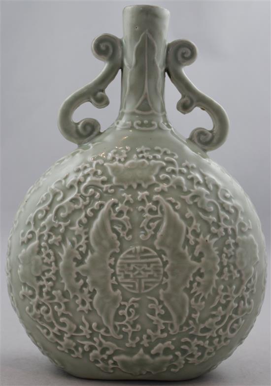 Chinese moulded and celadon glazed moonflask, Yongzheng mark but later, 24.2cm(-)